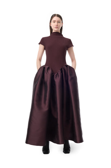 BURGUNDY CAP SLEEVE DRESS WITH LONG PUFF SKIRT marques almeida