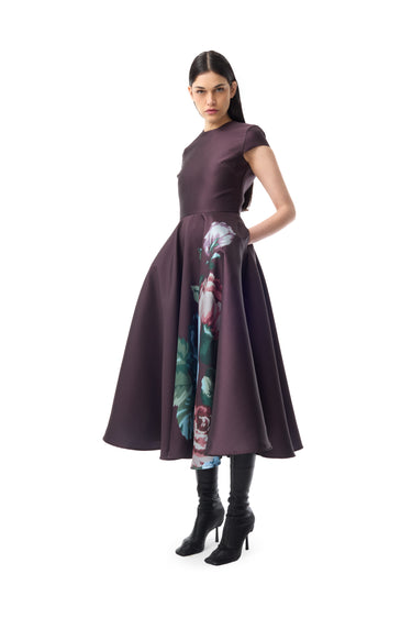 BURGUNDY FLOWER PRINTED CAP SLEEVE DRESS marques almeida
