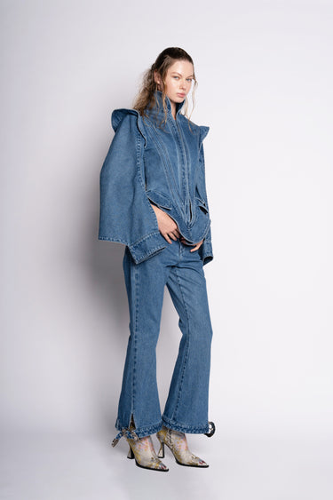 DENIM CAPRI FLARE TROUSERS WITH BELTED HEM marques almeida