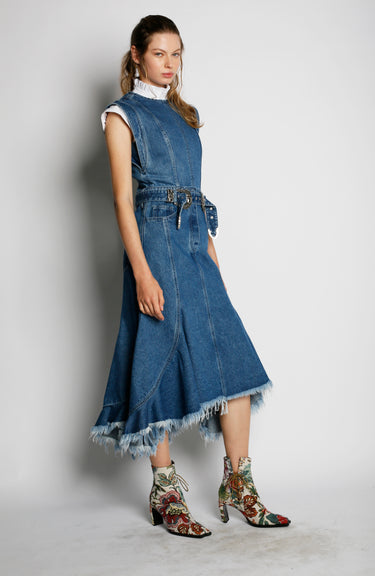 DENIM FITTED MIDI DRESS WITH SEAMS AND BELT
