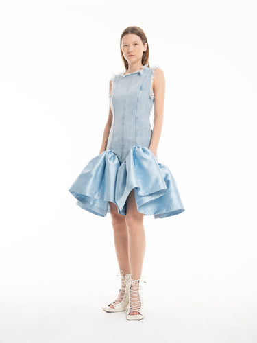 LIGHT BLUE DENIM FITTED DRESS WITH MIKADO PUFF HEM marques almeida