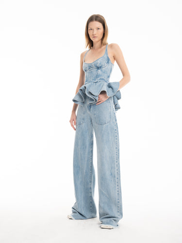 LIGHT BLUE DENIM PATCH POCKET BOYFRIEND TROUSERS marques almeida