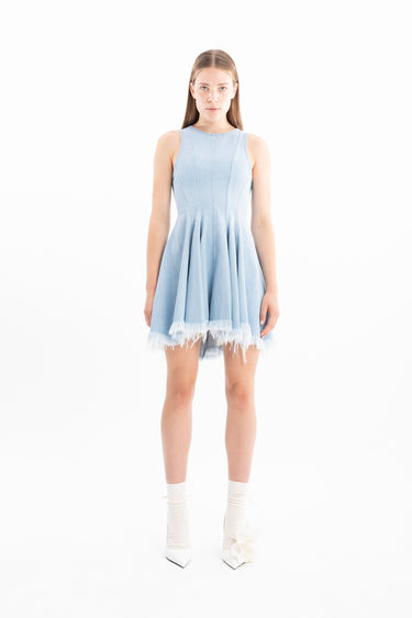 LIGHT BLUE DENIM RACER SHAPE FLOUNCE MINI DRESS marques almeida