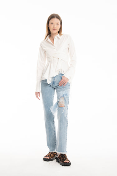 LIGHT BLUE DENIM RIP FEATHER TROUSERS marques almeida