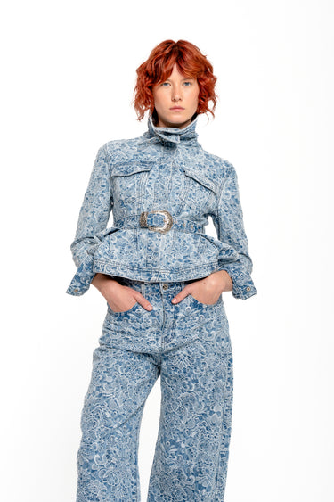 LIGHT BLUE FITTED JACKET WITH EMBELLISHMENT BELT marques almeida
