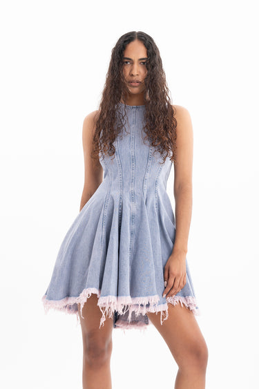 LILAC OVERDYE DENIM RACER SHAPE FLOUNCE MINI DRESS MARQUES ALMEIDA